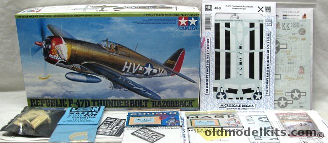 Tamiya 1/48 P-47D Thunderbolt Razorback with True Details Cockpit Set / (2) Eduard PE + Mask / Moskit Exhaust/Oil Coolers / Loon Early Cowl Flaps / (4) Aftermarket Decal Sheets, 61086 plastic model kit